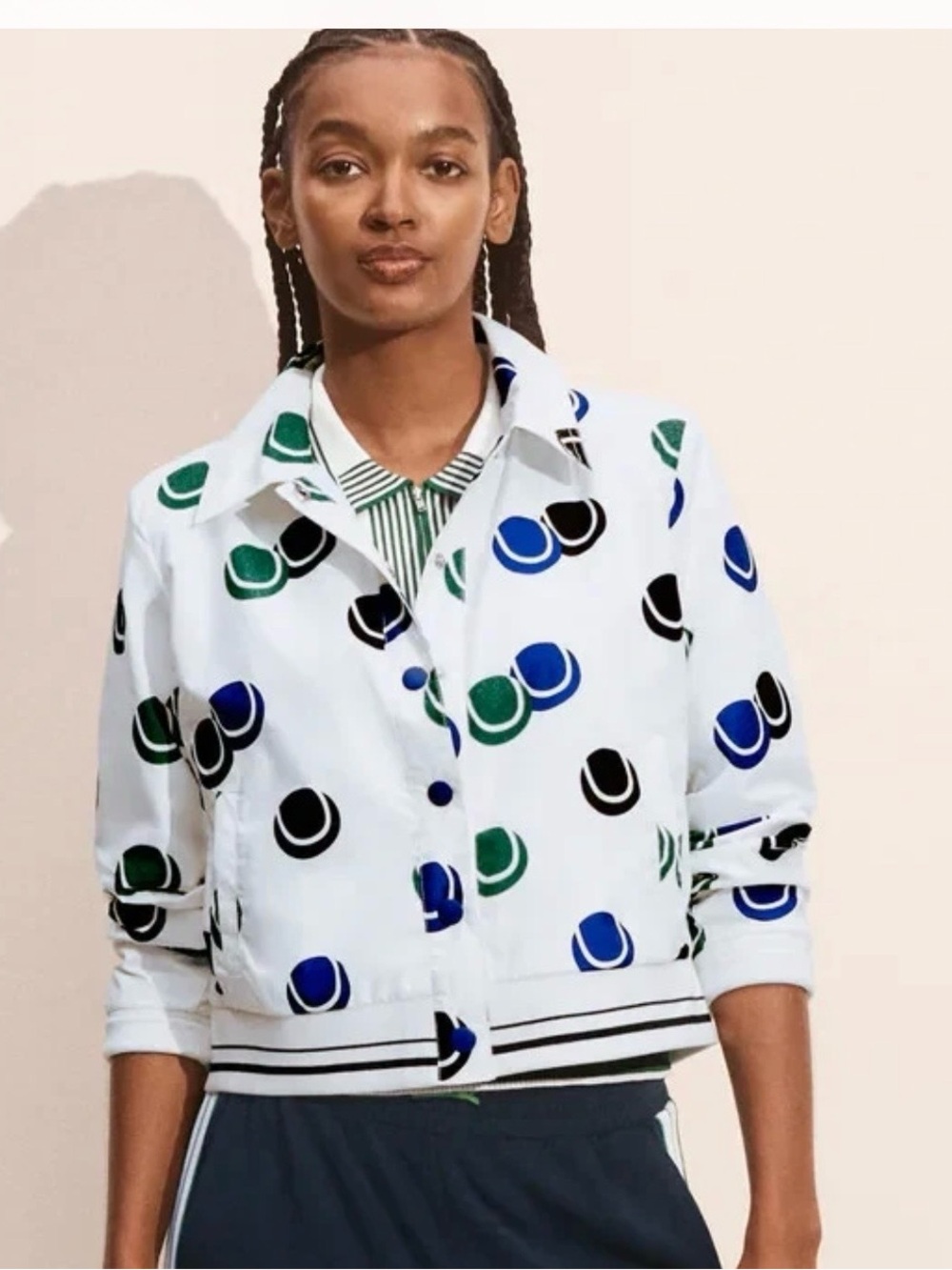CAbi White Bomber Jacket with Green, Blue & Black Dot Prints RALLY Medium
